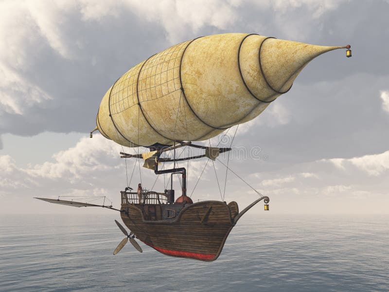 Fantasy-Luftschiff über dem Meer stock abbildung