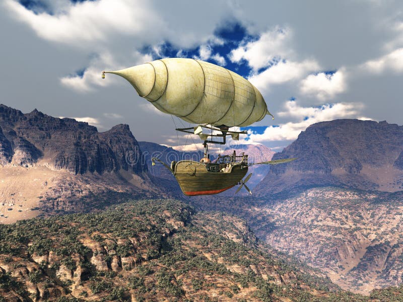 Fantasy-Luftschiff über die Berglandschaft stock abbildung