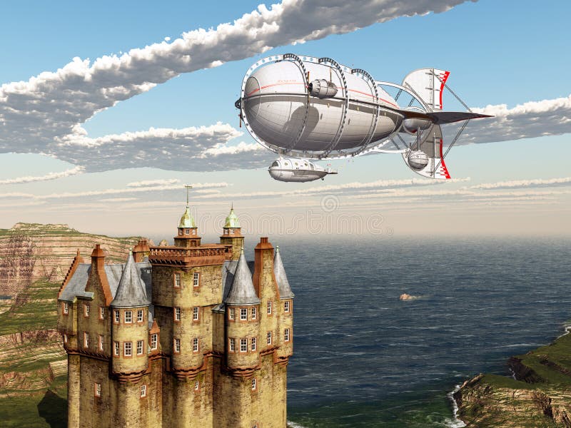 Fantasy-Luftschiff über eine schottische Burg vektor abbildung