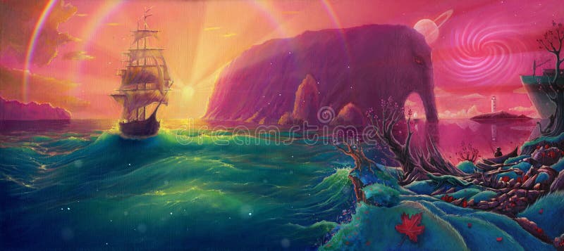 Fantasy Oil dipingere paesaggio marino di tramonto con navi, fasci di luce solare e pianeti, condutture di olio su tela, disegnat