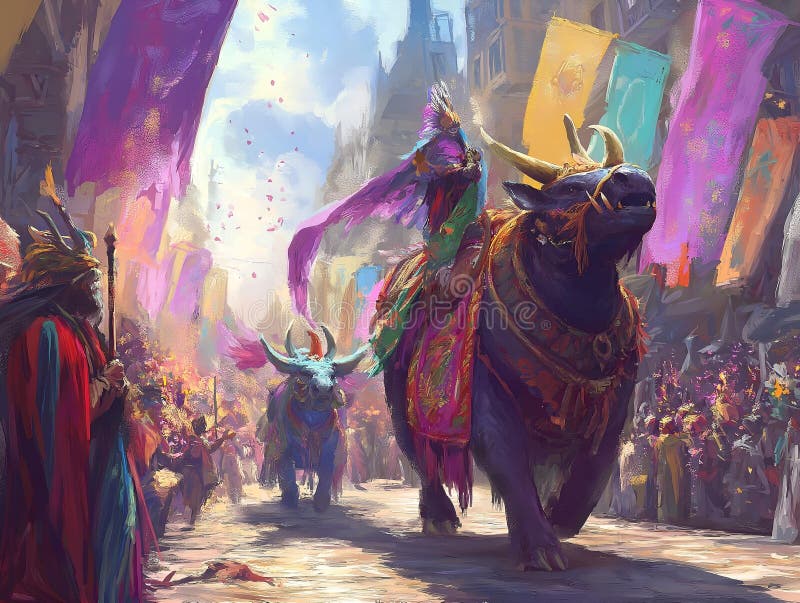 Fantasy parade creaturi mitice bannere colorate oraș medieval vibrant artă royalty free illustration