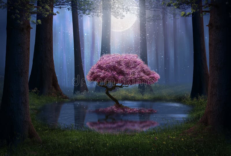 Fantasy pink tree in the forest