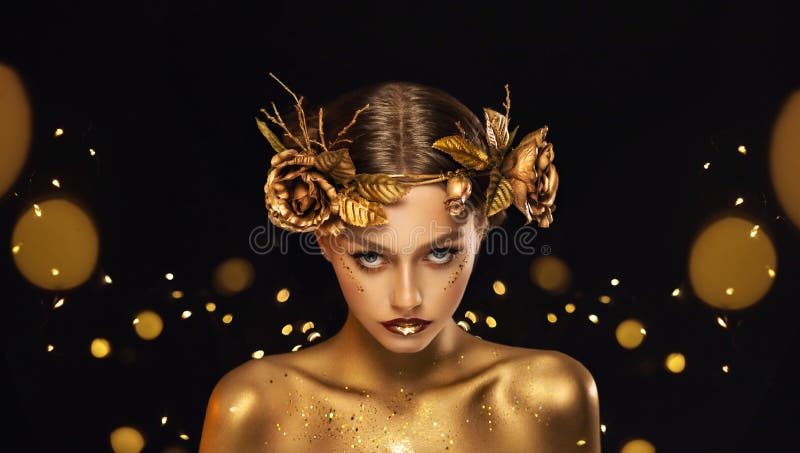 Portrait Closeup Beauty Fantasy Woman Face Gold Paint Golden Shiny