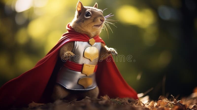Fantasy Portrait Of A Squirrel Superhero With A Vibrant Red Cape. Generative AI stock illustration