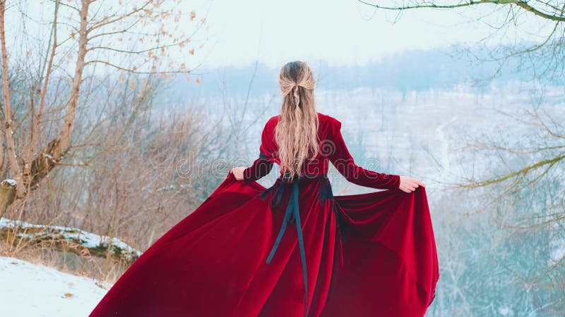 Fantasy porträtt glad ung kvinna står på ovansidan av bergsnaturen. video stock video