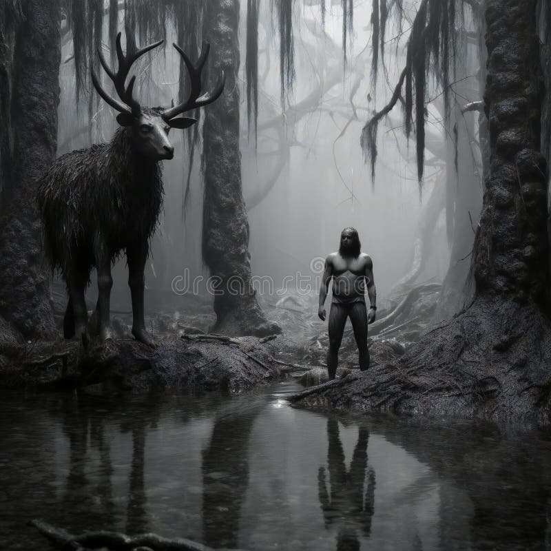 Fantasy Scene with Elk and Man in the Forest Stock Illustration