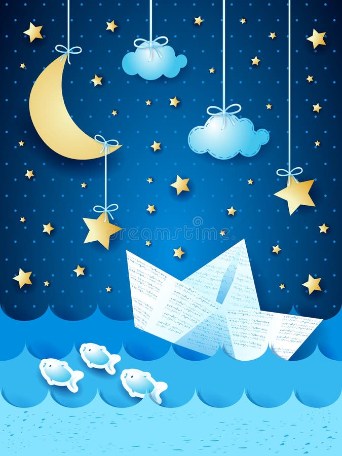 Fantasy seascape with paper boat, by night