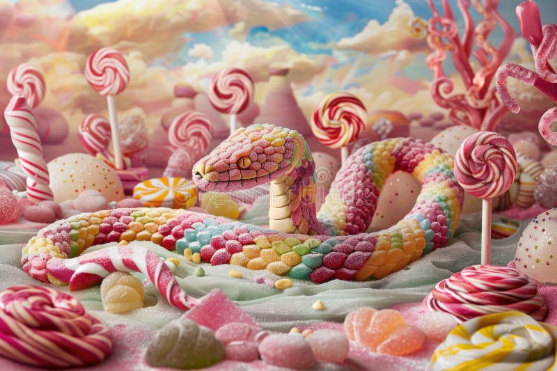 Fantasy serpent slithering amidst an assortment of colorful candies in a whimsical candyland setting stock image