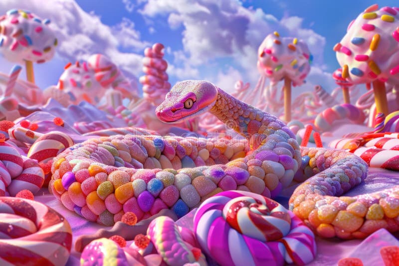 Fantasy serpent slithering amidst an assortment of colorful candies in a whimsical candyland setting stock images