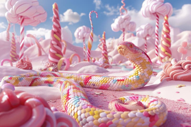 Fantasy serpent slithering amidst an assortment of colorful candies in a whimsical candyland setting stock images