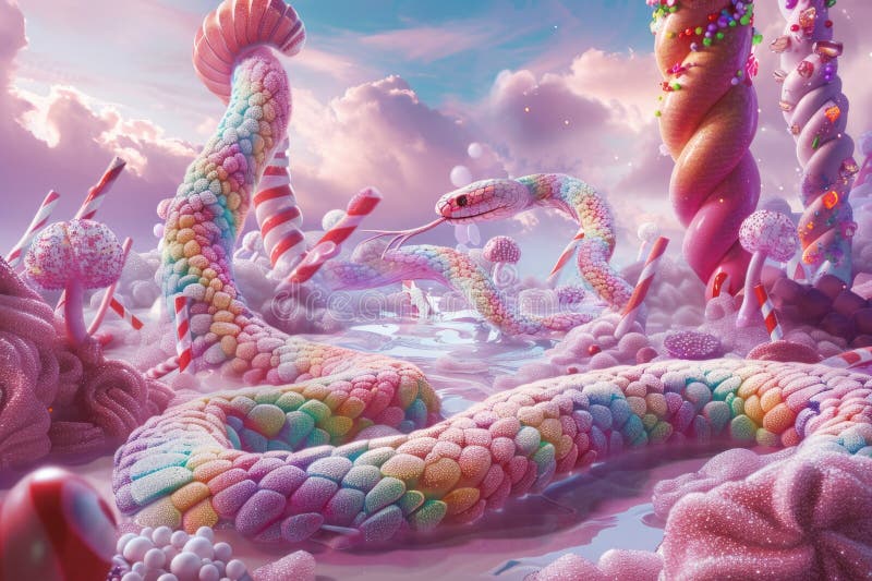 Fantasy serpent slithering amidst an assortment of colorful candies in a whimsical candyland setting royalty free stock photo