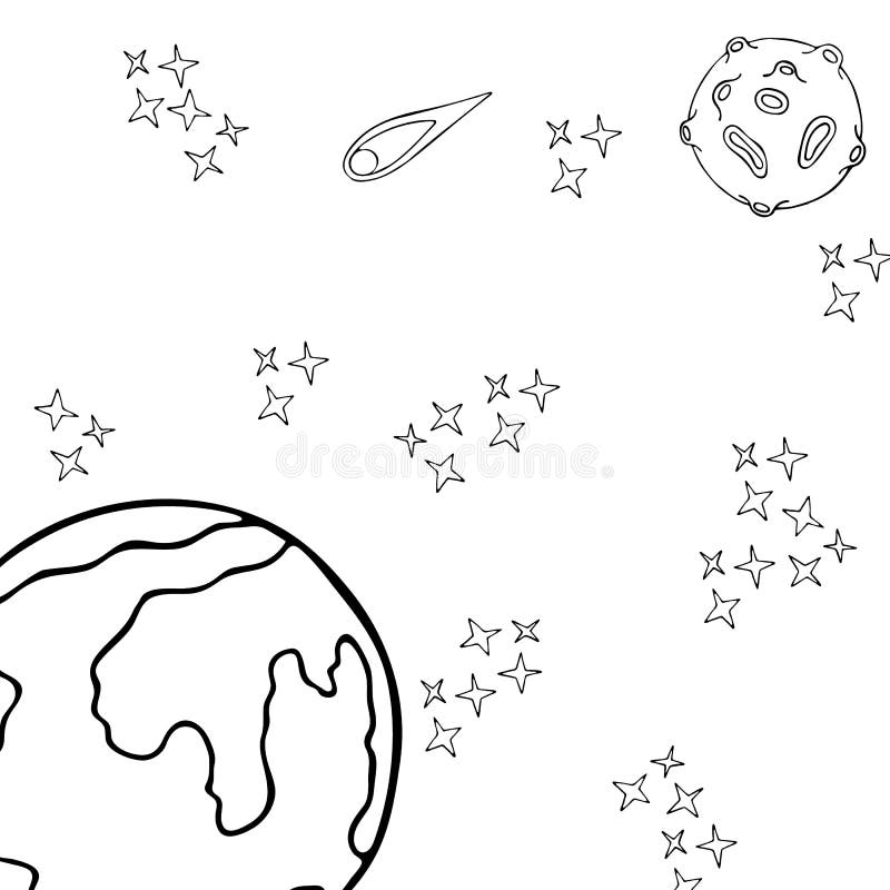 Sketch with Space Coloring Page on White Background. Astronomy Science