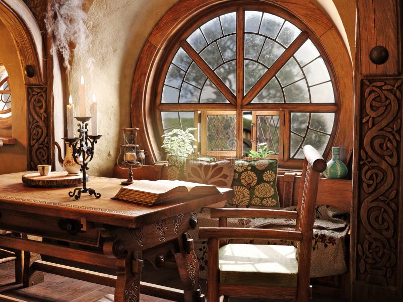 Fantasy tiny storybook style home interior cottage with rustic accents and a large round cozy window.
