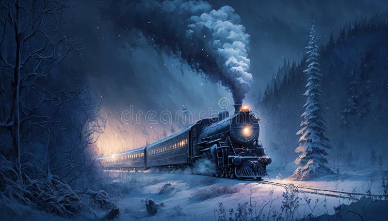 Fantasy train across a winter wilderness in blue night generative AI