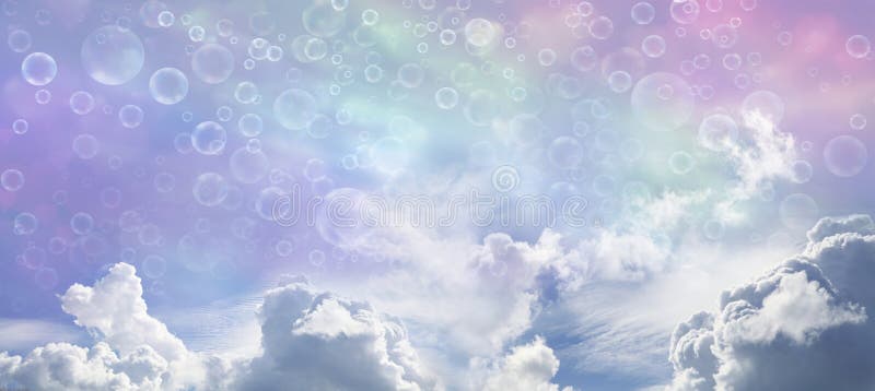 Fantasy Wide Blue Sky and Bubbles. Wide multicolored sky background with various fluffy cloud formations and different sized bubbles floating across