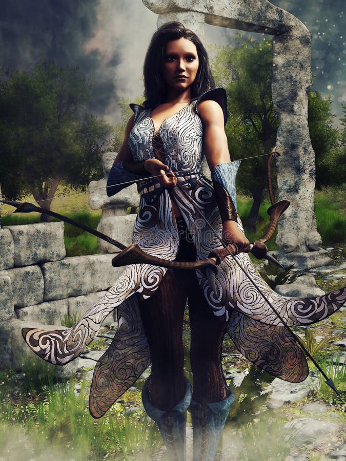 Female archer standing in forest ruins