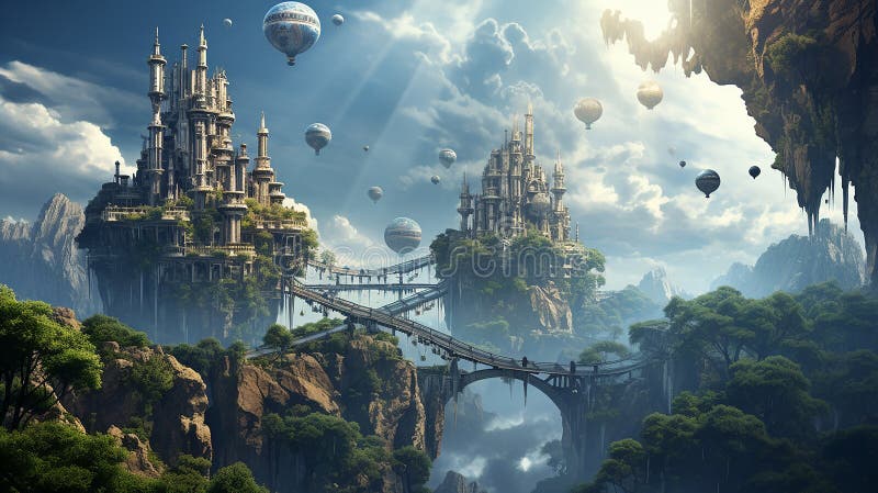 Fantasy world with floating structures in a fantasy style setting. A fantasy world with floating buildings, and abstract cities in the sky. Created using ai generative.