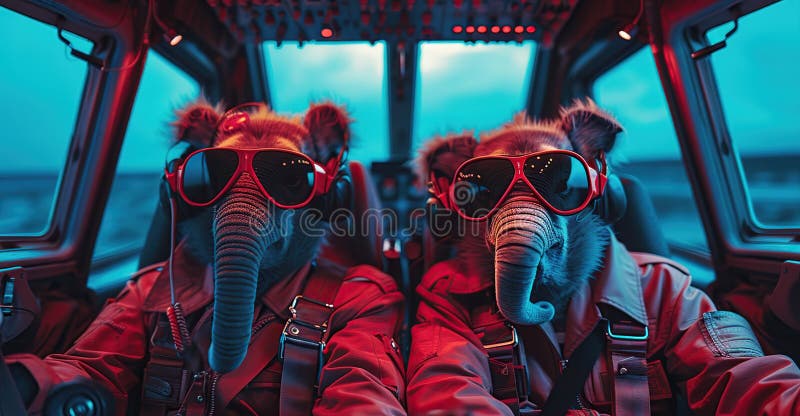 Fantasyelefantpar som är klädda som piloter i ett flygplan som navigerar medan det andra kommunicerar med kontrolltornet stock illustrationer
