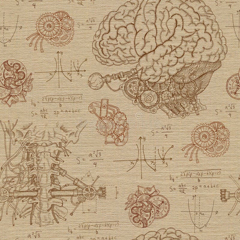 Fantazi bezszwowy tło z mózg, gardłem i mechanizmami ilustracja wektor