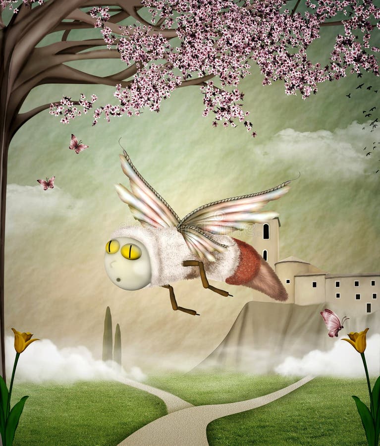 Fantazi pszczoła w wiosna krajobrazie ilustracji Fantazi pszczoła w wiosna krajobrazie ilustracji