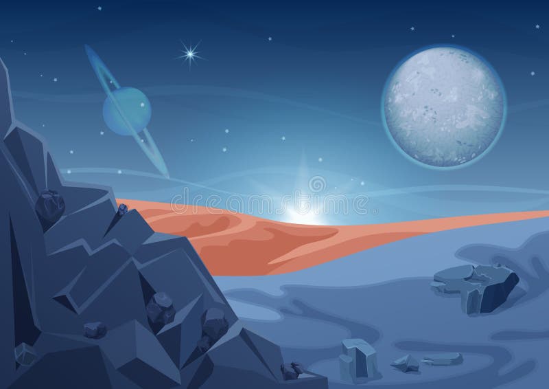 Fantazi tajemnicy obcego krajobraz, inna planety natura z skałami i planety w niebie, Gemowego projekta galaxy wektorowa przestrz ilustracji