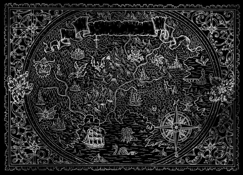Fantazja atlanta mapa z nieznane ziemią, kompas, pirata statek, winieta sztandar na czerni ilustracji Fantazja atlanta mapa z nieznane ziemią, kompas, pirata statek, winieta sztandar na czerni ilustracji