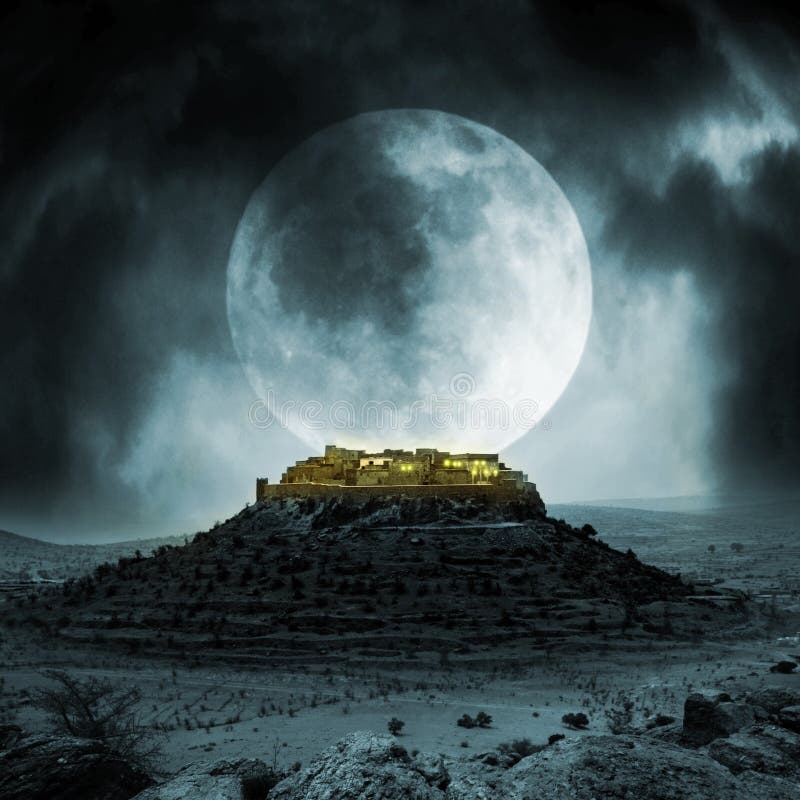 Fantasy stronghold on a hill with full moon. Fantasy stronghold on a hill with full moon