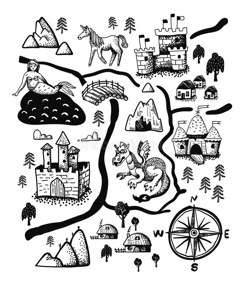 Fantazja krajobrazu mapa z bajka kasztelem, smok, jednorożec, syrenka Stara średniowieczna skarb kartografia, ręka rysująca ilustracja wektor