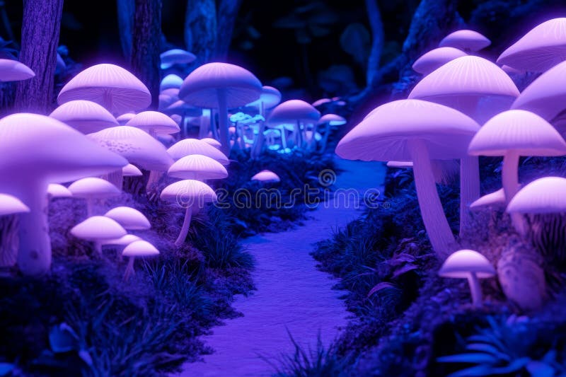 Fantazjerskie tło 3D świecącego lasu grzybowego z bioluminescencyjnymi grzybami obrazy stock