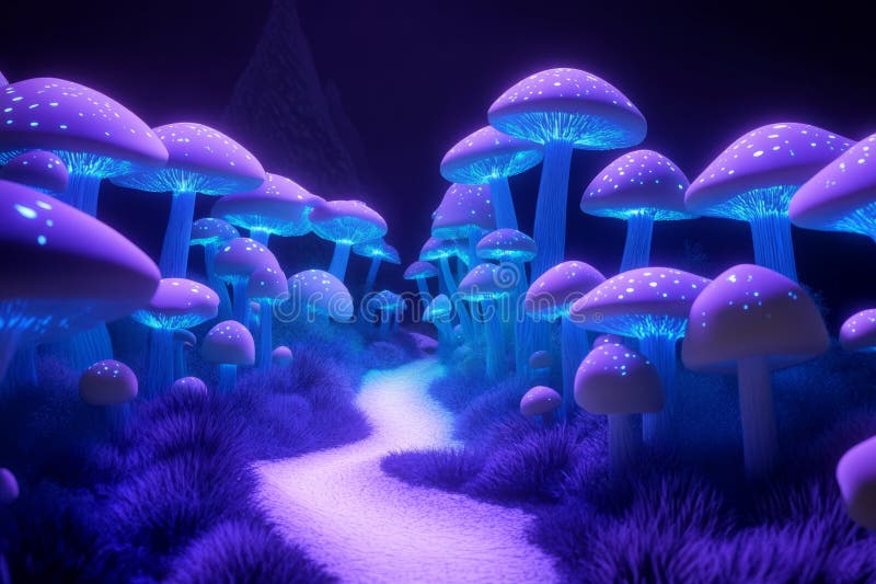Fantazjerskie tło 3D świecącego lasu grzybowego z bioluminescencyjnymi grzybami zdjęcie stock