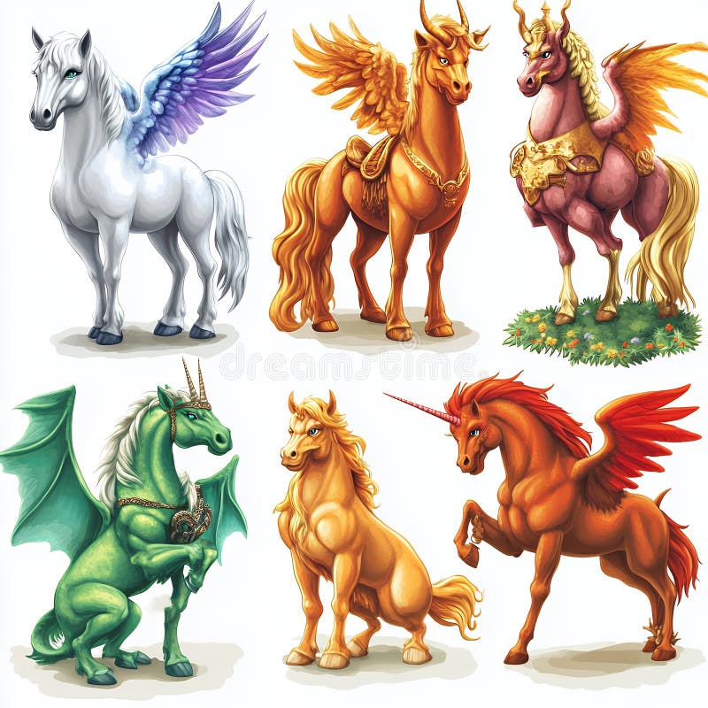 Fantezie Colectia de cai Mitică Pegasus Dragoni Unicorn Colorat Aripi Arta roșu aur roz joc stock illustration