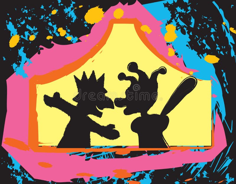 Silhuetas de marionetas movem-se dentro do seu pequeno teatro ilustração royalty free