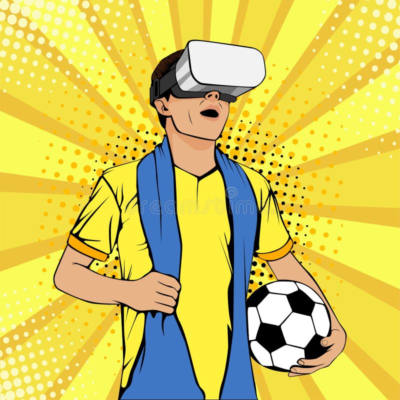 Fanático del fútbol en vidrios de la realidad virtual con la boca y la bola abiertas Ejemplo colorido del vector en estilo cómico stock de ilustración Fanático del fútbol en vidrios de la realidad virtual con la boca y la bola abiertas Ejemplo colorido del vector en estilo cómico stock de ilustración