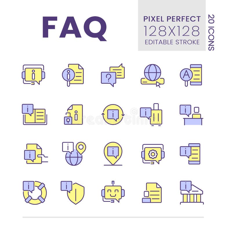 FAQ pixel perfect RGB color icons set stock illustration