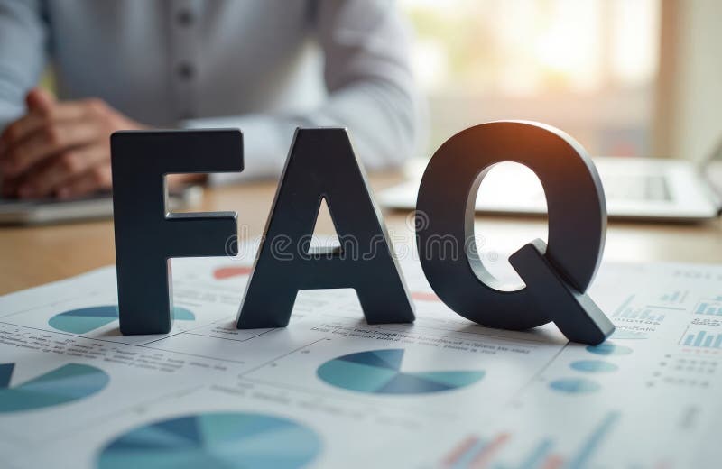 FAQ text on table. Financial business documents, charts. Person working with business documents. Business concept. Customer vector illustration