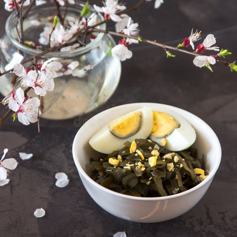Far Eastern Salad Sea Kale with Egg in a White Cup Stock Image