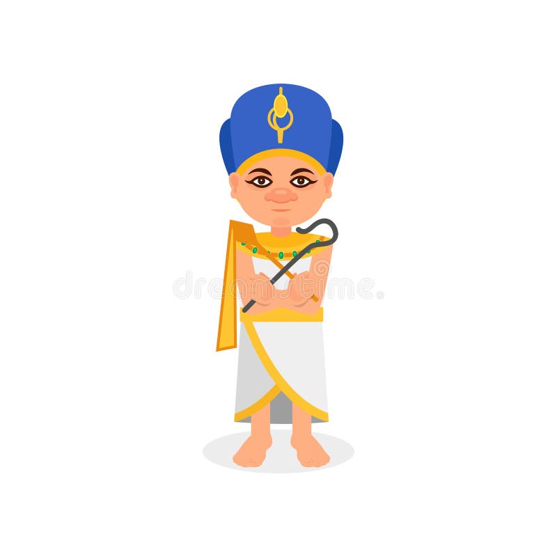 Faraón egipcio que se coloca con la barra y el azote en manos Tema de Egipto antiguo Hombre en traje y tocado tradicionales libre illustration