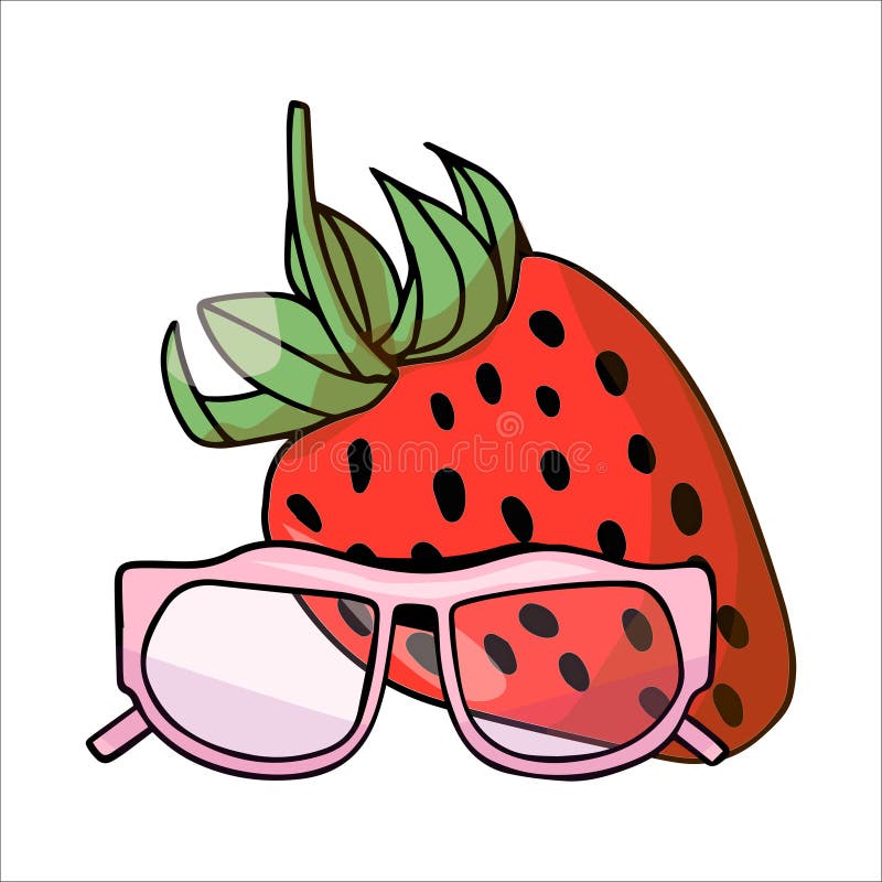 Farbbild einer saftigen Erdbeere mit daneben stehender Sonnenbrille stock abbildung