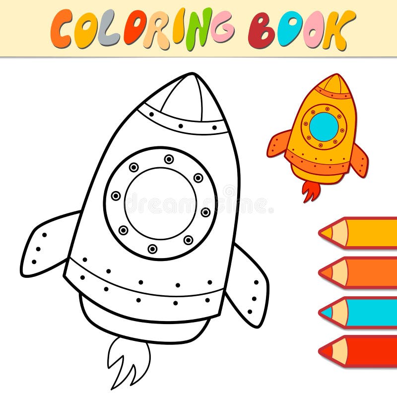 Farbbuch oder Seite für Kinder. Rakete, schwarz und weiß stock abbildung