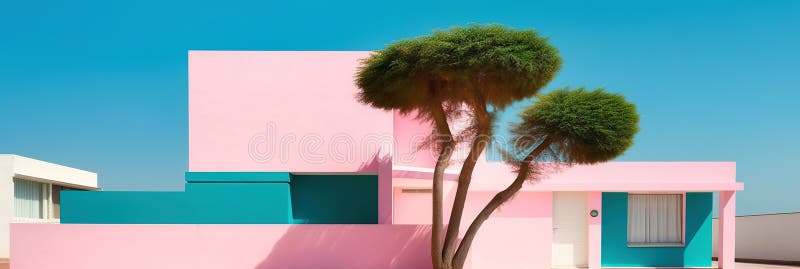 Farbenfroh rosa Gebäude mit Tür bei sonniger Nacht. minimalistische Architektur im Sommer. mit generativer Hilfe vektor abbildung