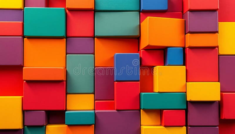 Farbenfrohe abstrakte Hintergründe gestapelte 3D-Kuben und Rechtecke. Lebhafter abstrakter Hintergrund mit einer spielerischen Anordnung gestapelter 3D-Würfel und Rechtecke in verschiedenen Farben. Die Komposition schafft eine dynamische und auffällige visuelle Textur, perfekt für kreative Projekte
