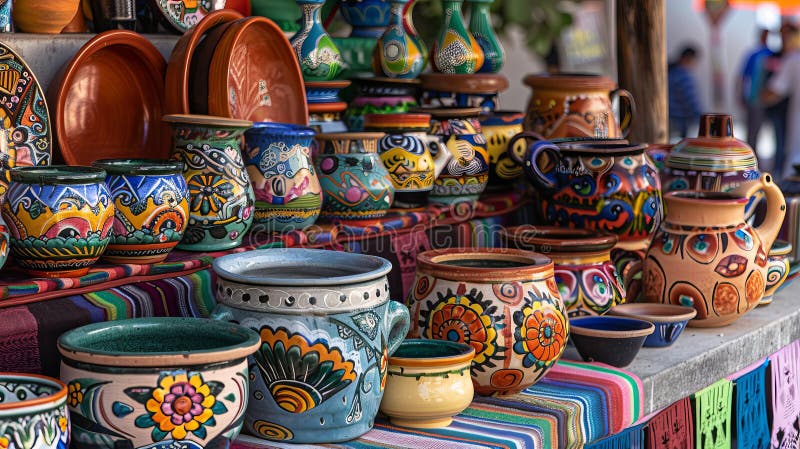 colorful display of Mexican artisan crafts like pottery, textiles, and ceramics at a local market or fair. AI generated. colorful display of Mexican artisan crafts like pottery, textiles, and ceramics at a local market or fair. AI generated