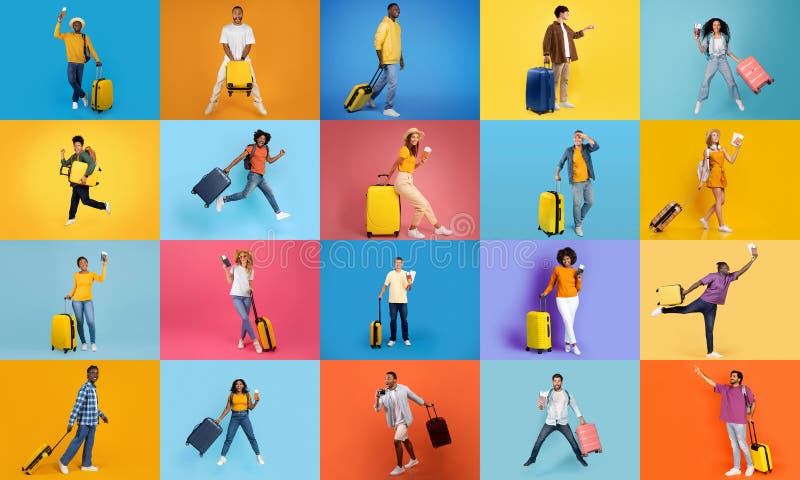 Farbenfrohe Collage von Touristen, die lebendige Reisemomente während des Urlaubs zeigen stockbild