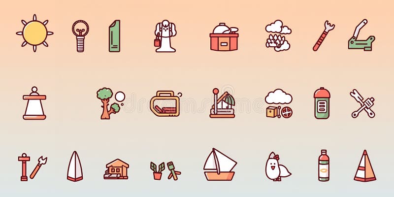 Farbenfrohe Cute Icon Set Design Elements Illustration Pack Vector Graphics sun Art Baum Boot Vogel flach lizenzfreie abbildung