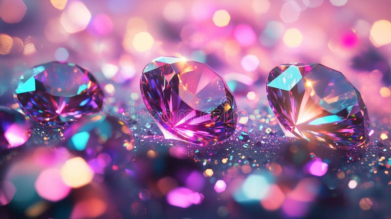 Farbenfrohe Edelsteine mit brillanten Facetten, die das lebendige violette und blaue Licht reflektieren, umgeben von glitzernden L. Leuchtend farbenfrohe Edelsteine mit brillanten Facetten, die lebendiges violett-blaues Licht reflektieren, umgeben von glitzernden Teilchen und traumhaften Buh
