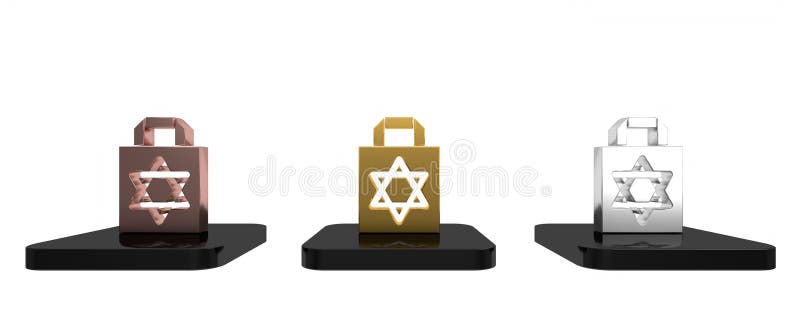 Farbenfrohe Einkaufstasche mit Stern david Ikone isoliert auf weißem Hintergrund. Paketzeichen. Minimalismus Konzept 3D-Darstellun lizenzfreie abbildung