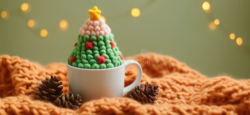 Farbenfrohe gestrickte Weihnachtsbaum in weißem Schleim auf gemütlicher orangefarbener Decke mit Kiefernfüßen und weichen Bokleuch. Farbenfrohe gestrickte Weihnachtsbaum in weißem Schleim auf gemütlicher orangefarbener Decke mit Kiefernfüßen und weicher Buchenleuchte kopieren Platz für Text.