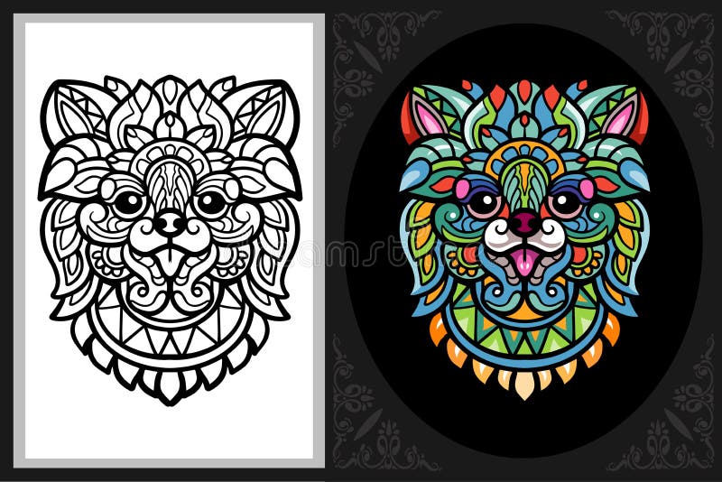 Farbenfrohe Hundeschöpferin zentangle art mit schwarzer line skizze isoliert auf schwarz-weißem hintergrundprint stock abbildung