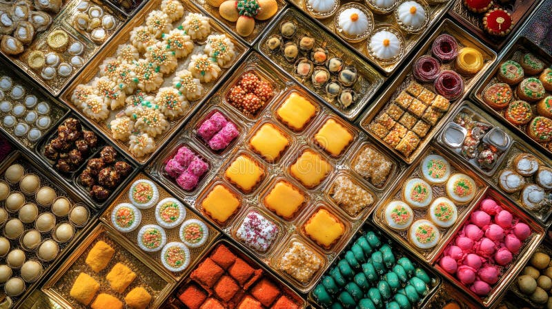 Farbenfrohe indianische Mithai und festliche Dekoration schaffen eine lebendige Atmosphäre. Konzept kultureller Traditionen lizenzfreie stockfotos