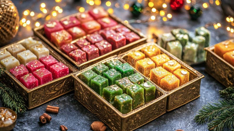 Farbenfrohe indische Mithai in elegantem, festlichem Dekor mit bunten Lichtern. Feiertag indische Süßigkeiten lizenzfreies stockfoto